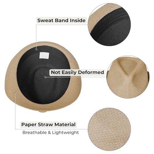 Image of Straw Trilby Fedora Hat for Men Women 1920s Panama Hat Short Brim Summer Beach Sun Hat with Band