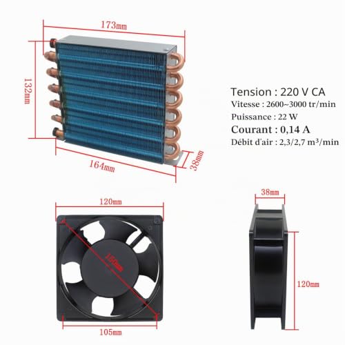 Condenseur frigo pour chambre froide refrigeración à eau radiateur refroidissement evaporateur frigorifique cuivre aluminium refroidisseur industriel (condenseur 173x132x38mm avec ventilateur 120mm) – vue 2