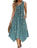 Zeagoo Kleider Damen Ärmellos Sommerkleider Elegant Rundhals Boho Kleid Leicht Midikleid Freizeitkleid mit Taschen Blumen D 2XL