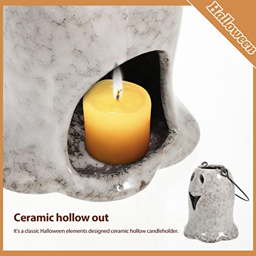 Garneck Spectral Ceramic Ghost Tea Light Candle Holder - Artful Tabletop Halloween Decor - Porcelain Candlestick for Spooky Season White Elegant Centerpiece