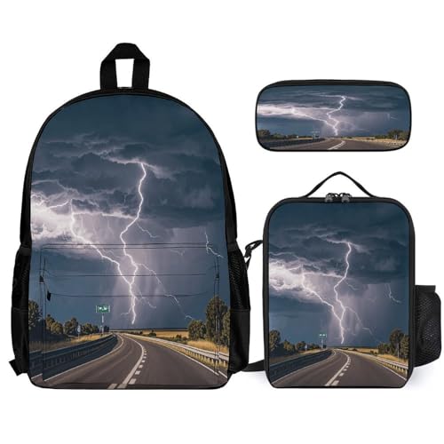 3-in-1 Backpack Combination Set Highway Lightning Print 3Pcs Backpack Sets Travel Daypack with Lunch Bag And Cosmetic Bag