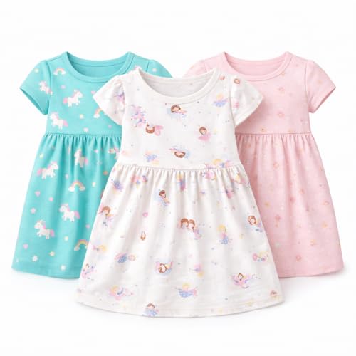Image of EIO Girls Cotton Frock Dress Combo Pack | Multicolor Printed Knee Length Casual Dresses for Kids | Soft & Breathable Summer Wear Outfit