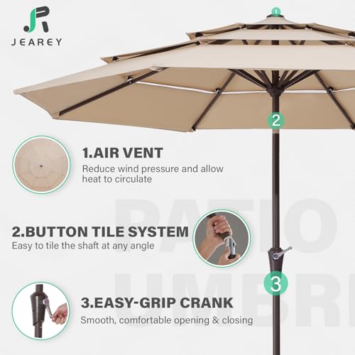 Image of JEAREY 9FT 3 Tier Patio Umbrella Outdoor Market Umbrella Table Umbrellas with 8 Ribs 1.5 Pole Push Button Tilt and Crank UV Protection for Garden,Beige