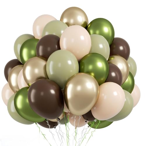 Image of FunHot Sage Green Brown Balloons, 50 Pcs Safari Balloons, Metallic Green Apricot Latex Balloon, 12 Inch Jungle Balloon for Boy Baby Shower Forest Birthday Camo Wild Woodland Party Decorations