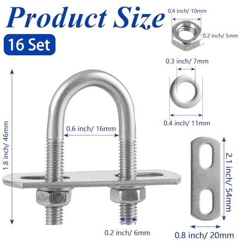Image of CertBuy 16 Pack U-Bolts 16mm Inner Width 46mm Length Stainless Steel U-Bolts with Washers and Nuts Replacement Parts and Accessories
