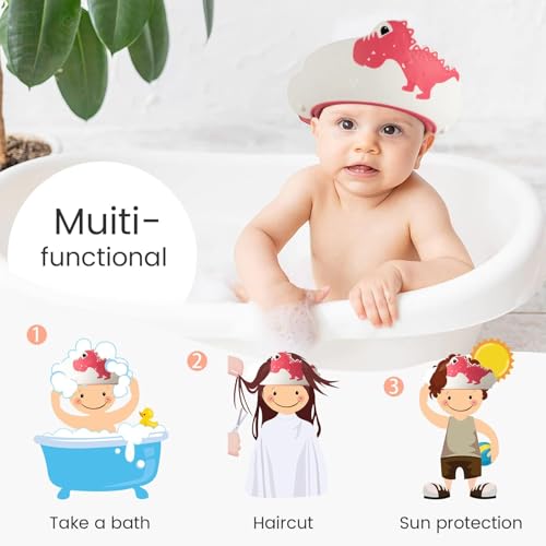 Image of FUNUPUP Baby Shower Cap for Kids, Baby Bath Shampoo Visor Cap Hair Washing Shield Adjustable, Red Dinosaur