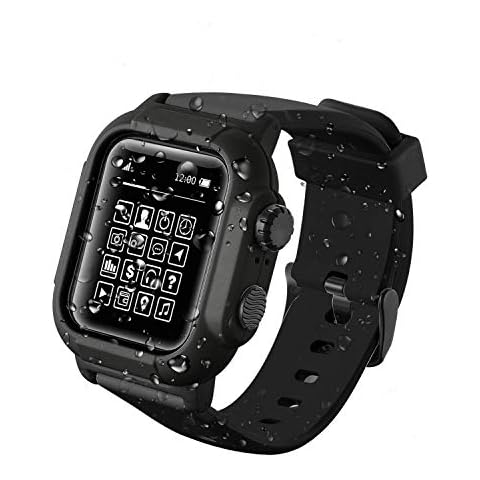 Compatible with for Apple Watch Band Case 42mm 44mm Series 5/4/3, IP68 Waterproof Case with Soft Silicone Band and Anti-Scratch Protector,Compatible with iWatch 42mm 44mm (Black, 44mm) Cover