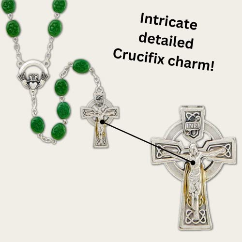 Needzo Shamrock Rosary with Claddagh Centerpiece, Irish Catholic Unisex Prayer Beads, Religious Jewelry Necklace with Traditional Crucifix Charm Dangle4