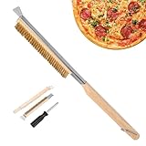 Spazzola Forno Pizza con Raschietto Acciaio Inossidabile & Anello Appenderla, Spazzole Manico Legna Rimovibile 55cm, Accessori Barbecue Pulizia Setole Ottone per Pietra Refrattaria, Forni Esterni