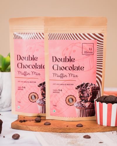 Image of 11Eleven Bakery Healthy Muffin Mix | Double Chocolate 140g each | Pack of 2 | Eggless Cake Mix |Instant Muffin Mix Powder 2 Step - Mix & Bake | |Easy to make|100% Vegetarian |