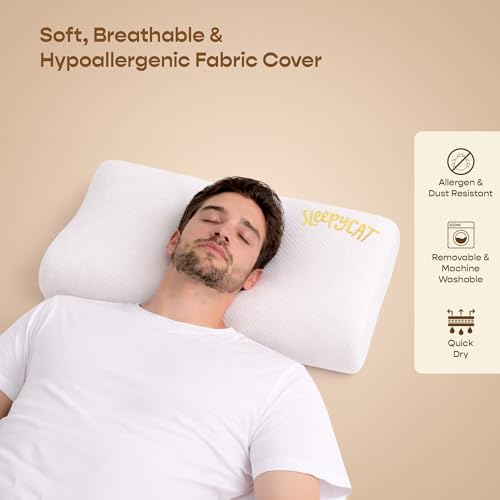 Image of SleepyCat CoolTEC Cervical Memory Foam Pillow | Full Size Contour Design for Neck Support | No Sagging, No Breaking | Upto 4 Cooler | Perforated Real Memory Foam | White, Set of 4 (25 x 16 Inches)