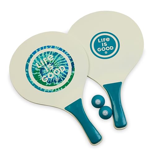 Image of Life Is Good Wooden Paddle Ball Set (Teal Tie Dye), 2 Thick Wood Paddles and 2 Balls, Classic Beach and Backyard Toss Game for Kids and Adults, Outdoor Summer Lawn and Park Activity