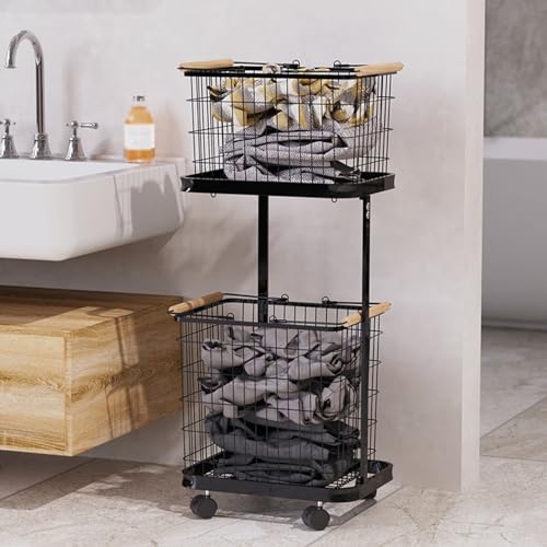 AErosx Rolling Wire Laundry Basket with 4 Wheels and 2 Removable Hamper, Metal Luandry Cart for Room Organizer, Garment Laundry and Storage
