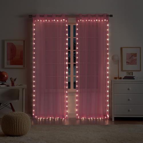 Eclipse Starlight Light Up Sheer Hookless Grommet Curtain, Curtain Lights with Remote Control, Bedroom Curtain, Room Divider or Outdoor Patio, 1 Panel, 63 in Long x 52 in Wide Curtain, Pink