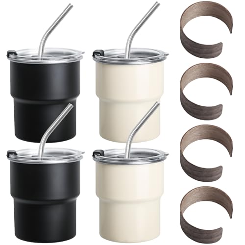 Wandefol Juego de 4 tazas de acero inoxidable de 300 ml, taza térmica para café con tapa abatible, pajita y asa, taza de viaje de doble pared, taza de camping para café y bebidas frías