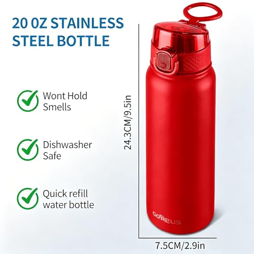 Image of GOPPUS 20 Oz Insulated Stainless Steel Water Bottle BPA-Free Sports Water Bottle, Great for Travel, with Chug Lid - Leak & Sweat Proof with Anti-Dust Lid(red)