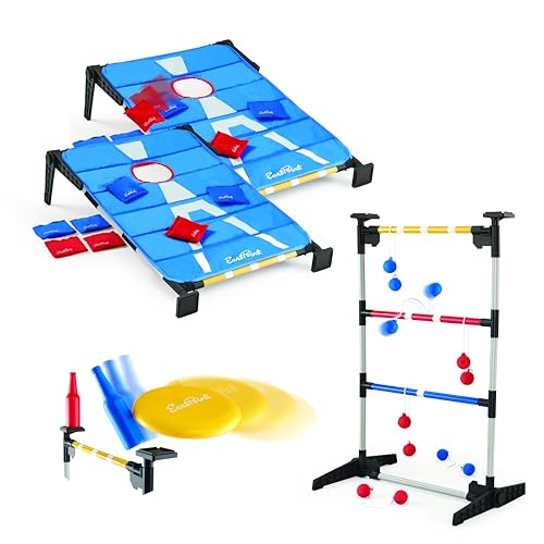 EastPoint 3-in-1 Tailgate Cornhole, Ladderball, Bottle Smash Combo Game - Blue - Versatile 3-in-1 Set for Outdoor Games - Portable Transport for Backyard