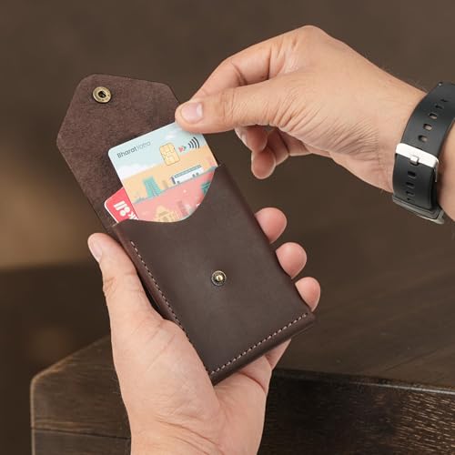 Image of The Wallet Store Flip 2.0 Genuine Leather Vertical Slim Wallet for Men | Easy Quick Card Access | Compact Front Cash Pocket & Button Lock | Minimalist Travel & Daily Carry Wallet (Dark Brown)