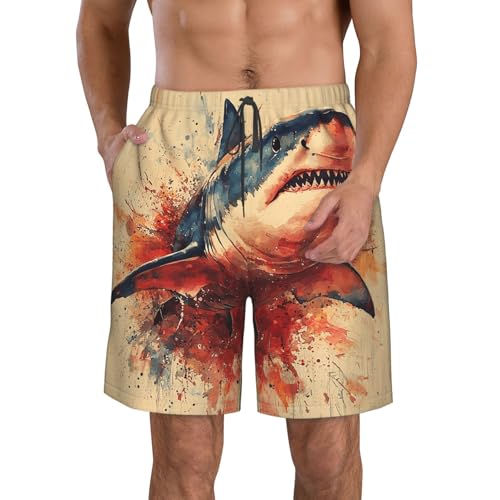 Men's Beach Shorts Board Casual Quick Dry Swim Trunks Holiday - Watercolor Shark Vintage Art
