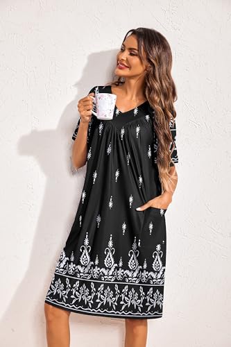 Image of Ekouaer Womens House Dress Floral Print Nightgown with Pockets Mumu Dress | V Neck Nightgowns for Women Pleated Short Sleeves Mumu Dresses Knee Length Moo Moo for Sleep, Daily Wear, Vacation, Party