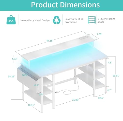 Image of Lufeiya White Desk with Storage Shelves - 47 inch Home Office Gaming Desk with Monitor Stand, Computer Desk with LED Lights and Power Outlets, White