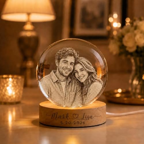 Image of Evamall Personalized 3D Crystal Globe Lamp, Custom Engraved Photo Text LED Night Light, Anniversary Birthday Keepsake, Unique Home Decor Table Lamp