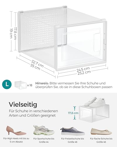 SONGMICS Schuhboxen, 18er Set, Aufbewahrungsboxen für Schuhe, Schuh-Organizer, Kunststoffboxen, faltbar und stapelbar, für Schuhe bis Größe 46, transparent-weiß LSP18MWT - 6