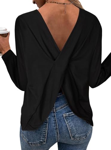 LilyCoco Women's Criss Cross Back Long Sleeve T Shirt Crewneck Open Back Tee Shirt