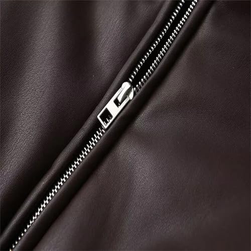 Women's Retro Lapel Zipper Spliced ​​Leather Jacket Large Long Sleeve Double Pocket Jacket Street Jacket4