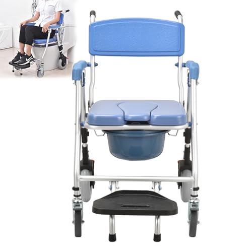 Sedia da Toilette Pieghevole, Sedia Wc con Rotelle, Sedia da Toilette/Doccia e Trasferimento per Pazienti Anziani Disabili e Donne Incinte, Quattro Ruote con Freni + Pedali Riponibili