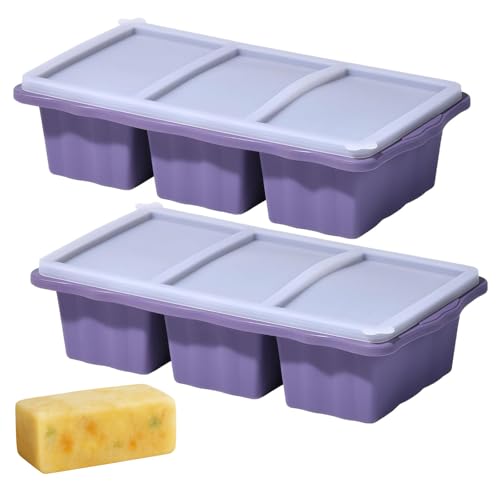 DNSHAN Bandeja de silicona para congelador con tapas, perfecta para sopa, guisos, salsas, cocción por lotes y más, moldes de silicona aptos para horno, paquete de 2 (morado)
