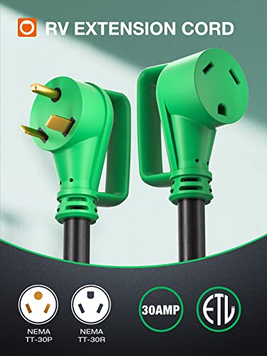 Addlon 30 Amp 50 Feet Rv Extension Cord With Adapter 50M/30F, Heavy Duty 10/3 Awg Gauge Stw Cord With Storage Bag And Cord Organizer, Tt-30P/R Standard Plug, Black-Green, Etl Listed #TOP1
