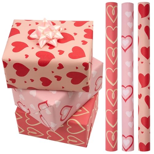 3 Rolls Pink Gift Wrapping Paper 43cm*3M Heart Wrapping Paper for Valentines Day Birthday Wedding Gift Decoration