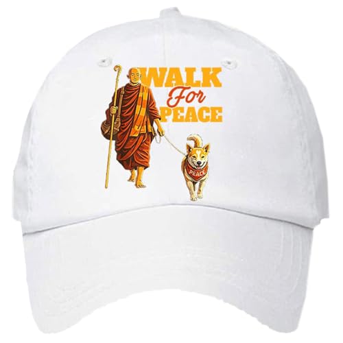 Retro Walk for Peace Monks with Aloka Dog Print Baseball Cap Walk for Peace Hat Funny Graphic Cap Buddhist Monk with Dog Hat Inspirational Baseball Cap White