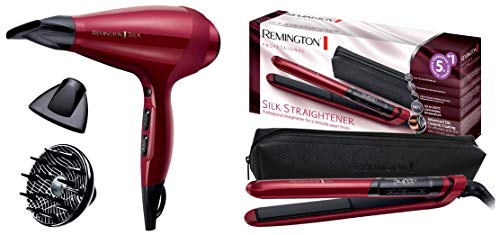 Remington Secador de Pelo Profesional + Plancha Pelo Silk Pack Especial [Sin Encrespamiento, secador 2400 W con difusor, planchas del pelo 150-240 °C, revestimiento cerámica doble] AC9096 + S9600