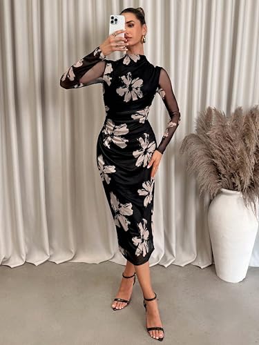 Image of Women's Summer Mesh Sheer Long Sleeve Midi Ruched Bodycon Dress Mock Neck Elegant Evening Party Cocktail Dresses