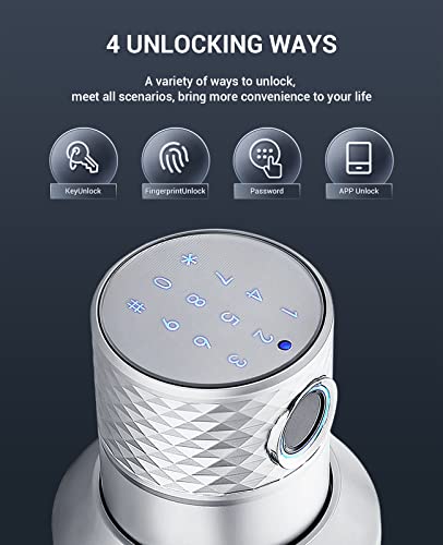 Fingerprint Door Lock Keyless Door Knob, 4 Unlocking Ways (Key/Code/Fingerprint/App), Zinc Alloy, Biometric Waterproof Combination Electronic Handle For Interior Doors, Bedrooms, Garage, Office #TOP1