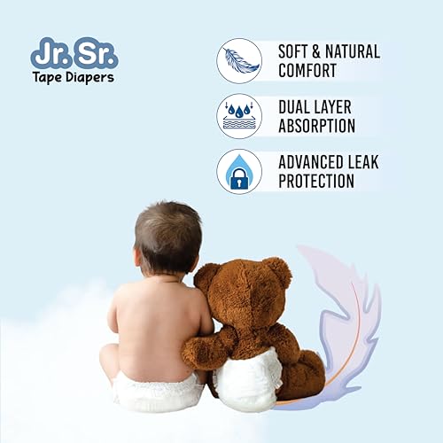 Image of Jr. Sr. Baby Tape Style Diaper | Adjustable Fit For Babies | Small (S) Size (3-8 kg), 64 Count | Pack of 1 | Upto 12 hr Absorption with Advanced Leak Protection | Soft & Comfy