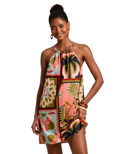 Image of KATECLO Women's Summer Halter Neck Printed Mini Dress - Casual Loose Fit Sleeveless Boho Beach Dress, Lightweight Vacation Sundress for Women