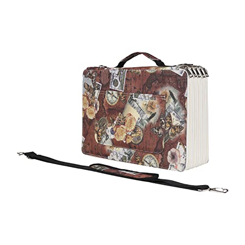 Image of 500 Slots Colored Pencil Case with Zipper Closure Large Capacity Retro Style Element Pattern Pencils Bag Waterproof 840D PVC Fabric Pen Organizer Storage Holder for Artist (Brown Compasses)