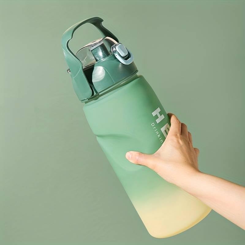 Image of 3.3 Liters Large Water Bottle With Straw & Handle, Sport Canteen Bottle With Time Marking, Leakproof Gym Water Bottle For Women & Men - Multicolor - Plastic (Green)