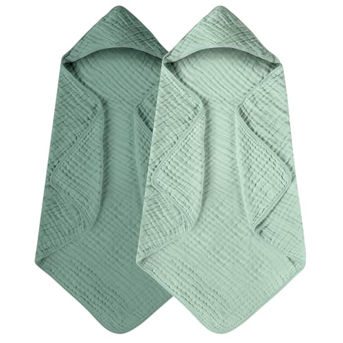 Image of Yoofoss Hooded Baby Towels for Newborn 2 Pack 100% Muslin Organic Cotton Baby Bath Towel with Hood for Babies, Infant, Toddler and Kids, 32x32Inch, Soft and Absorbent Newborn Essential, Gradient Green