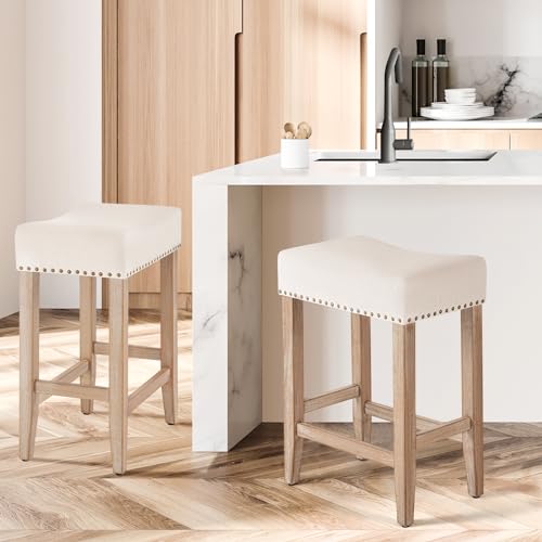 Furniliving Set of 2 Beige Counter Height Bar Stools with Solid Wooden Legs