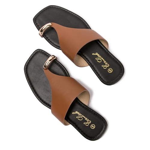 Image of Eozlink Women's Toe Ring Flat Sandals, Slip On Dressy Summer Slides | PU upper with square toe and metal accent for resort and casual outfits