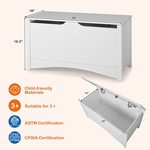 Costzon Wooden Toy Box, 36” Kids Large Storage Trunk Bench Organizer With Safety Hinges, Children's Home Playroom Bedroom Furniture, Easy Assembly, Toy Chest For Girls, Boys (White) #TOP6