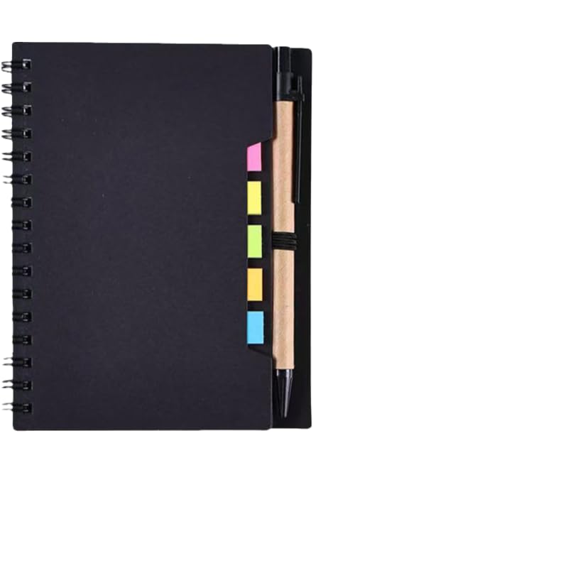 Portable Spiral Coil Small Notepad With Paper Cylinder Pen And Fluorescent Labels Black Compact Meeting Notebook for Work Office Study Notes and Daily Record