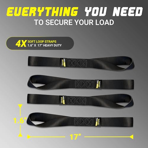 Soft Loop Tie Down Straps - 1.6'' x 17'' (4 Pack), 10000 Lbs Breaking Strength, Heavy Duty with Soft Loop Ends for Securing ATV, UTV, Motorcycles, Scooters, Dirt Bikes, Lawn Garden Equipment
