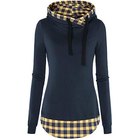 DJT Damen Kapuzenpullover Sweatjacke Hoody Schreag Kragen Kariert Pulli Gelb Large Cover