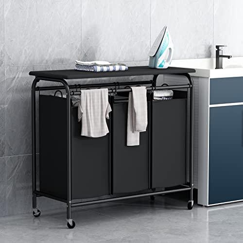 Linzinar 3-Bag Laundry Sorter Heavy Duty Rolling Lockable Wheels Laundry Hamper Cart With Ironing Board And Removable Bags, Black #TOP3