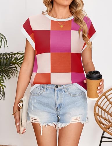 Image of ZESICA Women's Summer Trendy Knit Top 2026 Floral Print Short Sleeve Crewneck Loose Fit Sweater Vest Going Out Clothes